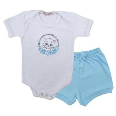 Imagem de Conjunto Body Manga Curta Bordado Gatinha e Short Tapa Fralda - Roupa Bebê Menina-Masculino