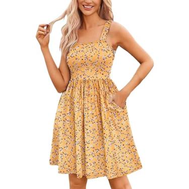 Imagem de Vestido feminino fashion casual verão decote quadrado alça floral vestidos vintage para mulheres, Amarelo, P