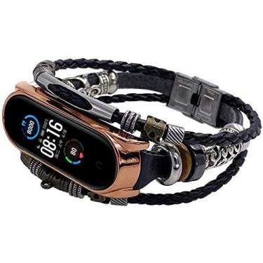 Imagem de TwiHill Pulseira Para Xiaomi Mi Band 6 Moda Couro Beading Pulseira Strap Weave Braideds Pulseira De Reposição Ajustável Artesanal Para Xiaomi Mi Band 6 Smart Fitness Tracker Para Mulheres Homens, Pulseira Mi Band 6 (Couro preto & casca de ouro rosa)