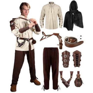 Imagem de Panitay Conjunto de 8 peças de fantasia masculina renascentista medieval, camisa viking medieval, cinto, capa e bolsa de espada, Cor retrô, G