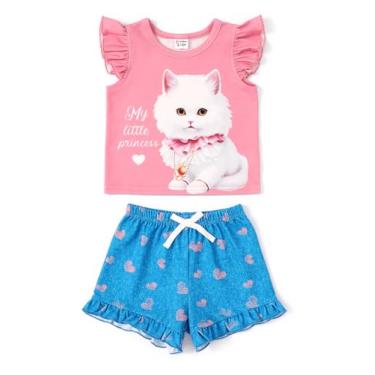 Imagem de PATPAT Conjunto de shorts de verão para bebês meninas, camiseta com estampa de animais de 3 a 24 meses, Gatinho rosa, 12-18 Meses