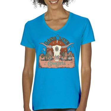 Imagem de Camiseta feminina Long Live Cowgirl gola V Vintage Country Girl Western Rodeo Ranch Blessed and Lucky American Southwest, Turquesa, P