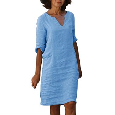 Imagem de Lainuyoah Vestido feminino de verão comprimento até o joelho 2024 ajuste solto mangas soltas vestido de praia elegante boho linho camisa vestido, B - azul, M