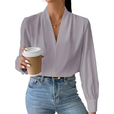 Imagem de EVALESS Camisas de manga comprida para mulheres na moda com decote em V tops de verão elegantes blusas casuais de chiffon ajuste solto blusa de trabalho escritório top, B Cinza, P