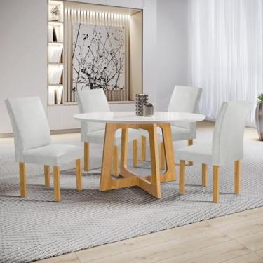 Imagem de Conjunto Mesa Arizona 120cm com 4 Cadeiras Canela Tampo Redondo Plus com Vidro Cinamomo/Off White/Boucle Gelo