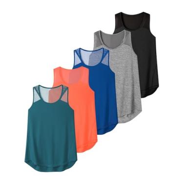 Imagem de Aeuui Pacote com 5 camisetas femininas de malha, costas nadadoras, sem mangas, atléticas para academia, ioga, Preto/branco/laranja/azul escuro/verde escuro, G
