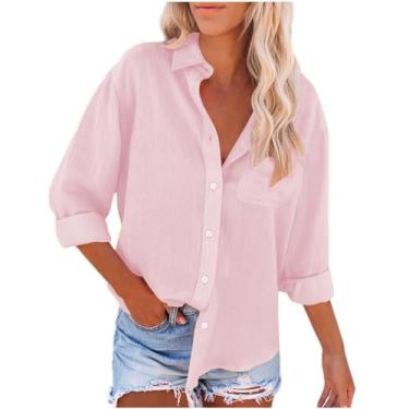 Imagem de Camisetas femininas de linho de manga comprida com bolsos, gola V, botões, ajuste solto, cor lisa, rosa, GG