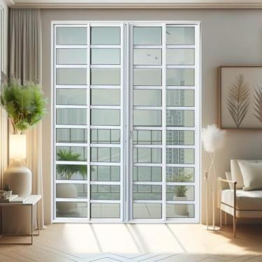 Imagem de Porta de Correr com Travessas 4 Folhas Moveis 210 X 240 Elite com Fechadura Tetra Vidro Liso Branco