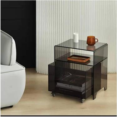 Imagem de Mesa de cabeceira em acrílico cinza, minimalismo moderno e suporte noturno luxuoso com polias para quarto com 1 gaveta, armário de cabeceira nórdico Armário de cabeceira simples, cinza com g