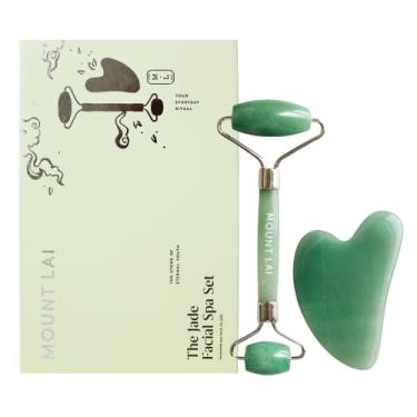 Imagem de Mount Lai Conjunto de ferramentas faciais Jade Gua Sha, rolo de jade e ferramentas faciais Gua Sha, ferramenta Guasha para o rosto para aliviar a tensão muscular e reduzir o inchaço, conjuntos de