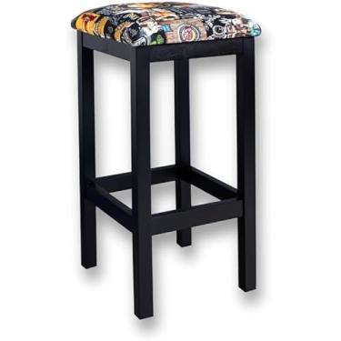 Imagem de Banqueta Alta de Madeira Maciça com Estofado Sem Encosto (Preto)