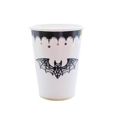 Imagem de Bonjour Fête Copos de papel elegantes para festa de Halloween | Copos descartáveis com design de morcego rendado e folha dourada | Parede dupla para bebidas quentes ou frias | Suprimentos e decorações