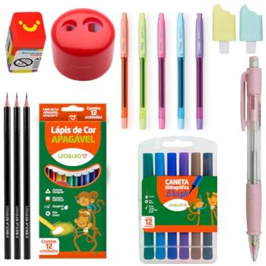 Imagem de Canetinha com Ponta Pincel + Lápis de Cor Apagável + Lapiseira + Marca Texto - Leo e Leo (Vermelho)