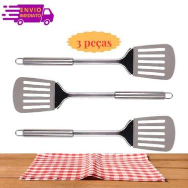 Imagem de Kit 3 Espátulas Vazada 100% Inox Para Hambúrguer Lanches Grelhados Cha