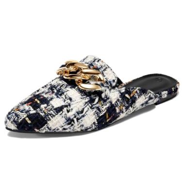 Imagem de Juliet Holy Mocassins femininos mules sem costas bico fino sem costas deslizantes de corrente de metal, Preto, branco, 8.5