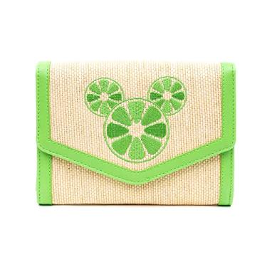 Imagem de Bolsa Disney, corpo cruzado dobrável horizontal, orelhas cítricas bordadas do Mickey Mouse, verde-limão, palha de ráfia, Bege, 7.5" x 5.5" x 1.25"