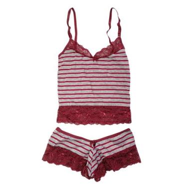 Imagem de Baby Doll Pijama Short Listrado Mescla Sexy Renda  Conforto Estilo Fem