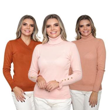 Imagem de Kit 3 Blusas Feminina de Tricot Manga Longa Tendência Frio 2024 - SP/C