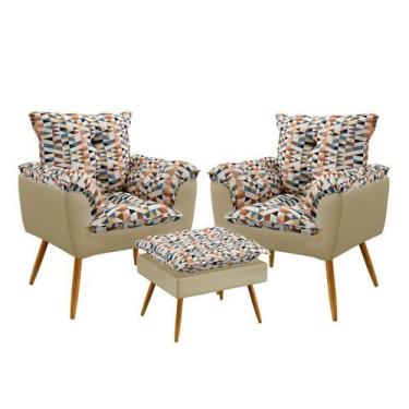Imagem de Kit 2 Poltronas Opala com Puff Lunar Suede Estampado Laranja com Bege 