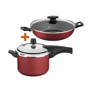 Imagem de Kit - Panela De Pressão 4,5 Vancouver Vermelha + 1 Panela Wok 28cm - Tramontina
