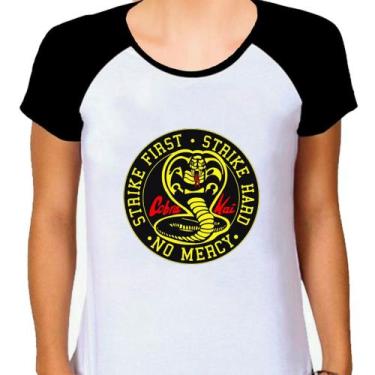 Imagem de Camiseta Raglan Feminina Branca Cobra Kai 05 - DESIGN CAMISETAS, Preto