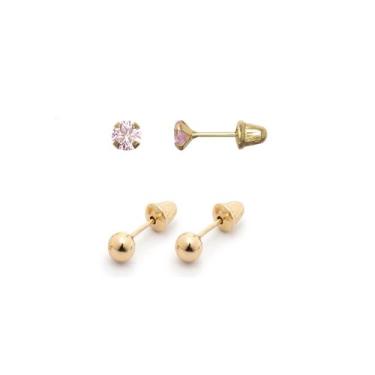 Imagem de Kit 2 pares Brincos de Ouro 18K Bolinha e Pedra de 3mm - Meu Primeiro 