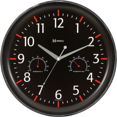 Imagem de Relógio Parede 35cm Preto Termômetro Higrômetro Herweg 6812