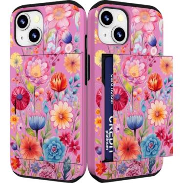 Imagem de IWONE Capa compatível com iPhone 14/15 Plus fofa com porta-cartões à prova de choque Slim Slot Phone 14/15 Plus capa carteira para mulheres/flor rosa floral padrão abstrato artístico