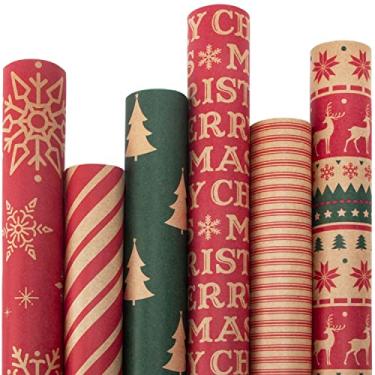 Imagem de Ribbli Papel de embrulho de Natal - Papel Kraft com Floco de Neve/Árvore de Natal/Listra Vermelha/Padrão de Feliz Natal, 6 Rolos de Elementos de Natal Vermelho e Verde - 76 cm x 304 cm (3 m) por rolo