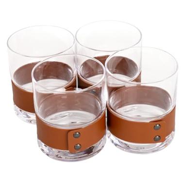 Imagem de Bruno Magli Copos Whisky Rock com pulseira de couro | Conjunto de 4 | Copos Old Fashion de 368,5 g | Copos de bar transparentes para uísque, bourbon e bebidas | Caixa de presente para o Dia dos Pais,