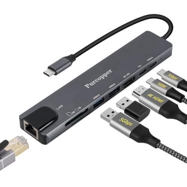 Imagem de Hub USB C Ethernet, adaptador multiportas tipo C 8 em 1 com HDMI 4K, PD100W, porta USB-C, 2 x USB 3.0, Ethernet RJ45, leitor de cartão SD/TF, estação de ancoragem compatível com MacBook Pro/Air