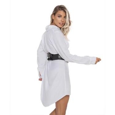 Imagem de Vestido Casual Chemise Manga Longa Feminino Camisão Longo Com Bolso - 