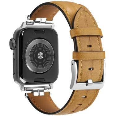 Imagem de mxiixnai Pulseira de couro compatível com Apple Watch Series 10/9/8/7/6/5/4/3/2/1/se/Ultra/Ultra 2 (49 mm, 46 mm, 45 mm, 44 mm, 42 mm, cáqui/prata)
