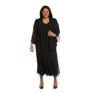 Imagem de R&M Richards Vestido e jaqueta estilo blusão de chiffon elegante com contas até o meio da panturrilha plus size, Preto, 26 Plus