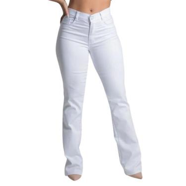 Imagem de Calça Flare Branca Feminina Sarja Sawary Cintura Alta Com Lycra Boca d