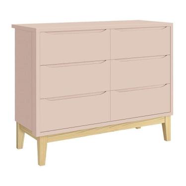 Imagem de Cômoda Infantil Classic 6 Gavetas Rosa Fosco Com Pés Madeira Natural Reller Móveis Rosa Fosco