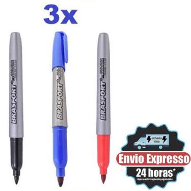 Imagem de Kit 3 Canetas Marcador Permanente Cores Ponta Fina Seca Rapido - BRASF