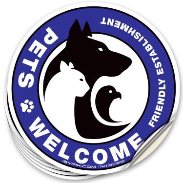 Imagem de iSYFIX Pets Adesivos de placa de instalação de boas vindas – Pacote com 6 5 x 5 polegadas – Vinil autoadesivo premium, laminado para UV, clima, arranhões, resistência à água e desbotamento, interno e externo