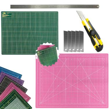 Imagem de Base Placa de Corte Dupla Face Regenerativa Multiuso Artesanato Patchwork Scrapbook Régua Inox 60 Estilete Profissional (Verde e Rosa)