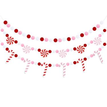 Imagem de Doumeny 3 peças guirlanda de bola de feltro de natal guirlanda de feltro de cana de doces banner doce hortelã-pimenta pompom guirlanda de natal rosa branco banner de festa inverno pendurado