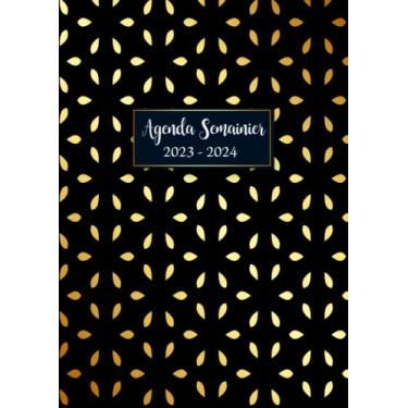 Imagem de Agenda Semainier 2023 2024 avec Calendrier + Planification Mensuel, Horaire Journalier | Planificateur Hebdomadaire 1 semaine sur deux pages | ... sur 24 Mois | Format A4, Noir et doré