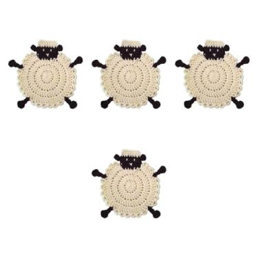 Imagem de FytStycale Porta-copos em formato de ovelha, porta-copos artesanais de crochê leve, tapetes para copos de mesa, novidade, jogos americanos para fazenda, Bege