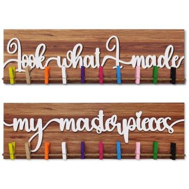 Imagem de CAKIROTS Veja O Que Eu Fiz Placa com Clipes Exibição de Arte Infantil Exibição de Arte Organizador de Arte Infantil Quadro de Armazenamento de Arte para Pendurar Fotos para Quarto (, Marrom)