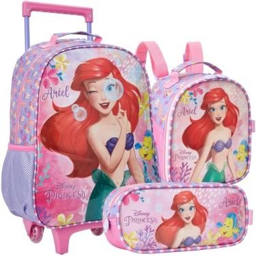 Imagem de Kit Mochila Rodinhas Princesa Ariel Infantil Com Lancheira Térmica E Estojo Escolar Simples Pequena Sereia Original
