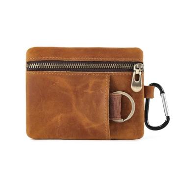Imagem de Bolsa masculina de couro de vaca genuíno de grão superior com chaveiro e clipe. Capa carteira minimalista retrô fina e minimalista., #2 Marrom, 4.5" x 3.7" x 0.27", Mini carteira de cor sólida