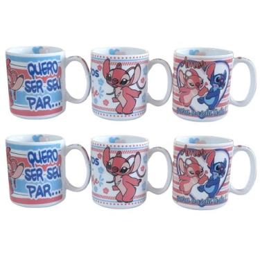 Imagem de Kit Jogo 6 canecas Stitch 300ml Frases Namorados - Porcelana - Antilop