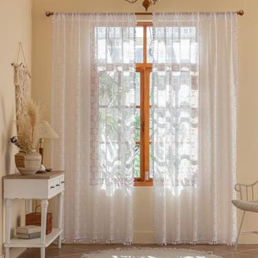 Imagem de YJ YANJUN Cortinas de crochê boêmias 273 cm de comprimento, conjuntos de 2 painéis, cortinas de filtragem de luz semitransparentes para quarto, sala de estar, 150 cm L x 274 cm C