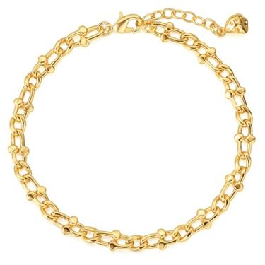 Imagem de BENEIGE Pulseira feminina banhada a ouro 14 K clipe de papel satélite contas bola oval Cuba caixa de cabo corrente em camadas elo em camadas pulseiras de prata joias ajustáveis para meninas, Large,