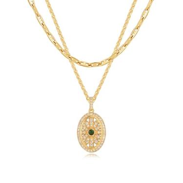 Imagem de LOYATA Colares femininos de ouro em camadas, banhado a ouro 14K, zircônia cúbica, diamante, gargantilha, delicada, verde, esmeralda, colar moderno, fofo, moeda, cruz, quatro folhas, trevo, pingente de