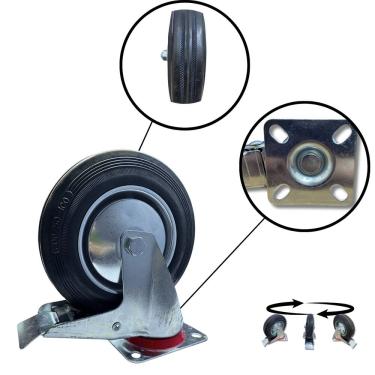 Imagem de Rodízio Rodinha Grande Giratório Placa Base Aço Roda Borracha Diâmetro 200mm 8" Altura 245mm